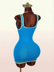 Bumpella Contrast Color Number Graphic Mini Bodycon Dress, Crew Neck, Streetwear Style - Blue - View 11