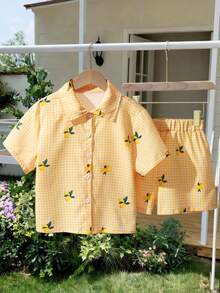 2pcs/Set Girls Checkered Lemon Digital Print Outfit, Short Sleeve Shirt And Shorts, Suitable For Commuting And Daily Wear, Great For Summer Vacation - Yellow - View 2