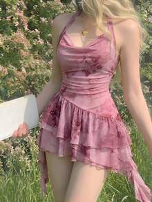 SHEIN MOD Đầm ngắn hở lưng, xếp ly bất đối xứng, thanh lịch dành cho nữ, thích hợp cho mùa hè. - Hồng - Xem 2
