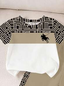 1 set Tenue décontractée et à la mode pour tout-petits garçons, composée d'un t-shirt à col rond à manches courtes avec logo cavalier et patchwork à carreaux, et d'un pantalon kaki. Tenue d'été. - Multicolore - Voir 6