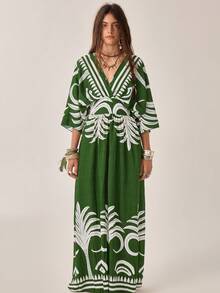 Florisole Robe décontracté, de soirée et de voyage à col V plissée pour femme - Vert - Voir 6