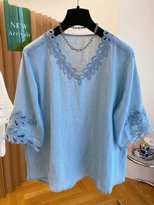 Franclia Plus Size Women V-Neck Casual Versatile Daily Wear Shirt - Blue - View 4
