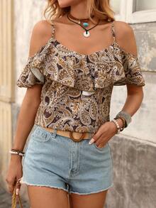 Brillora Women's Brown Summer Boho Elegant Holiday Paisley Print Ruffle Trim Top Spaghetti Strap Cold Open Shoulder Vintage Fashion Beach Vacation - Brown - View 9