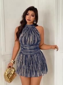 Femmeverse Plus Size Women's Fashion Sexy Halter Pleated Satin Fabric A-Line Romper - Blue - View 6