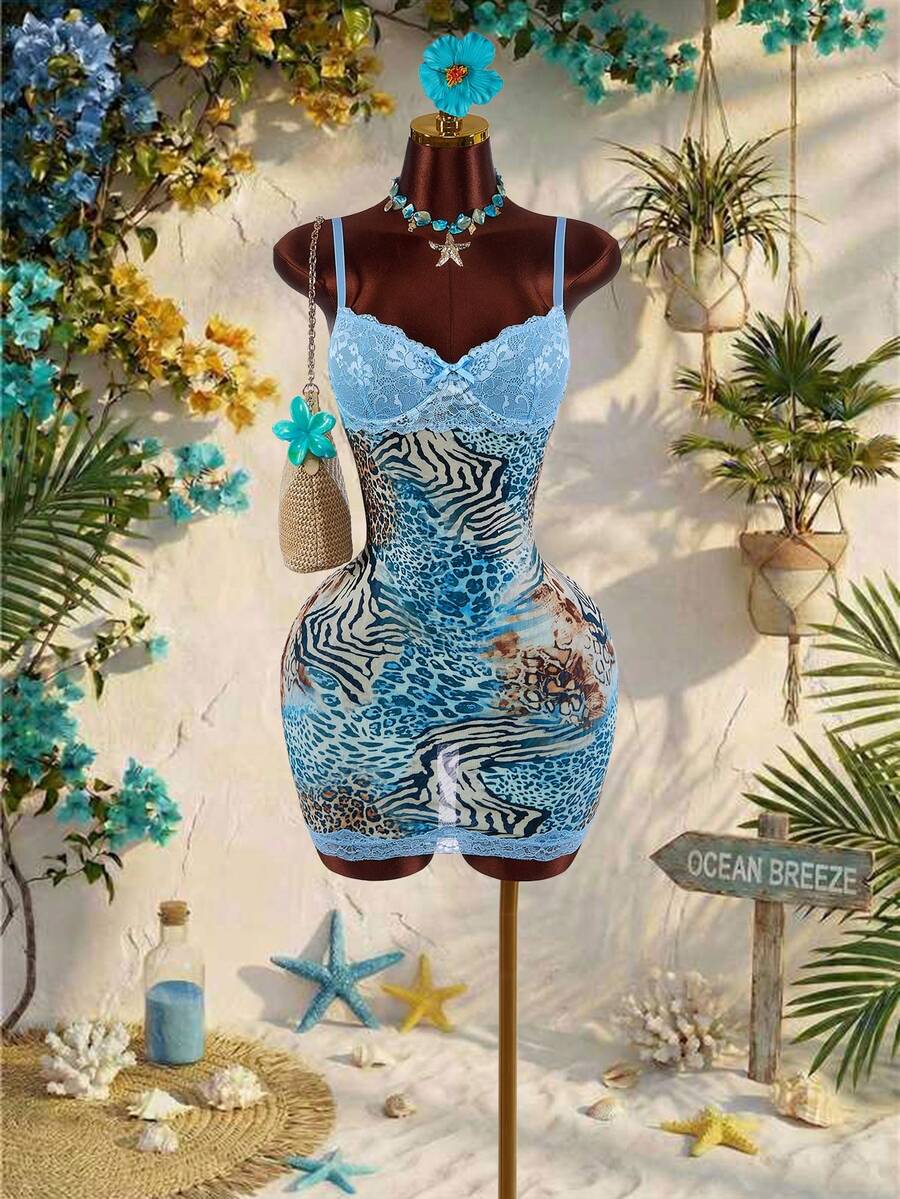 Amplova Lace Cup Detail Tropical Floral Mesh Bodycon Mini Dress - Baby Blue - View 1