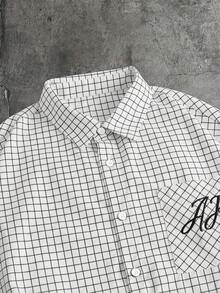 AXEPEAK Men's Casual Versatile Plaid Letter Embroidery Pocket Single-Breasted Short Sleeve Shirt - White - View 4