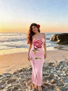 SHEIN MOD Gaun Panjang Sedang Motif Bunga Jala Vintage Romantis Ukuran Plus, Gaun Tali Bunga Pas Badan Musim Semi/Panas, Cocok untuk Pesta & Liburan - Berwarna merah muda - View 6