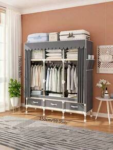 1 pieza Armario portátil de gran capacidad, diseño de estructura de marco de acero con estabilidad reforzada, combinación de espacio colgante y área de almacenamiento de varias capas, diseño de cajón inferior para ropa, espacio superior utilizado, adecuado para el hogar, dormitorio, mueble de almacenamiento eficiente - Multicolor - Ver 8
