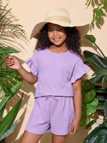 2pcs Set Liburan Kasual untuk Anak Perempuan Remaja: Atasan Lengan Pendek & Celana Pendek Pinggang Elastis - Mauve Purple - View 5