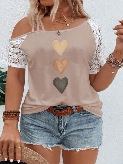 Selamara Plus Size Women's Gradient Heart Print Irregular Neck Lace Short Sleeve Casual T-Shirt, Spring/Summer