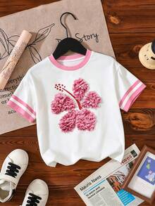 Girls' Colorblock Round Neck Short Sleeve T-Shirt, Floral Print Decor Casual Versatile Children Top, Summer - Multicolor - View 3