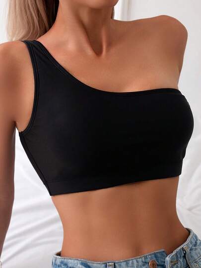 Swim Basics Summer Beach Solid One Shoulder Bikini Top