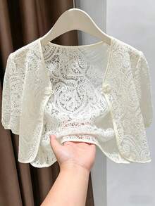 Franclia Chaqueta corta de mujer elegante de encaje transparente de manga corta, ligera para el verano - Albaricoque - Ver 3