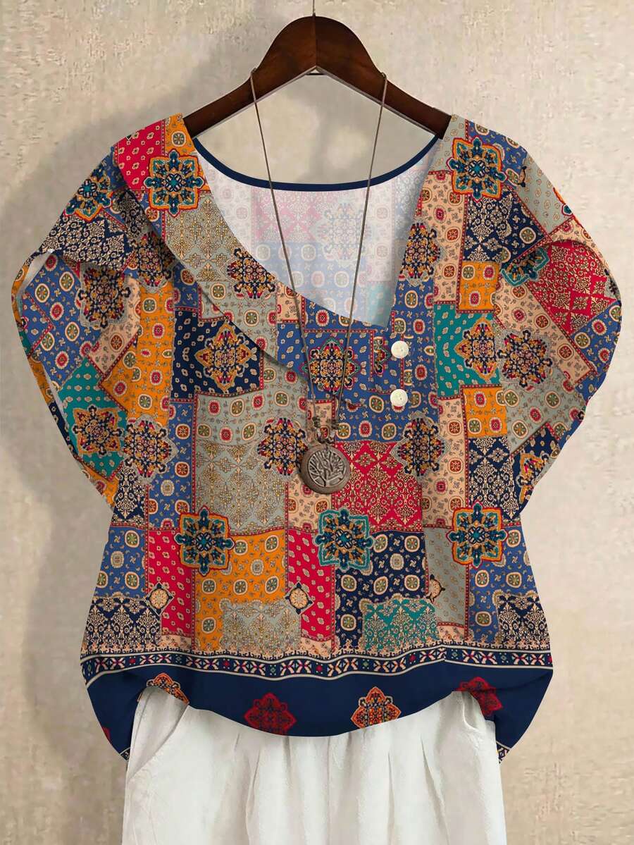 Áo kiểu nữ cỡ lớn in hoa phong cách Boho, tay ngắn, bất đối xứng, viền bèo nhún, thích hợp cho kỳ nghỉ biển, trang phục mùa hè thường ngày. - Nhiều màu - Xem 1