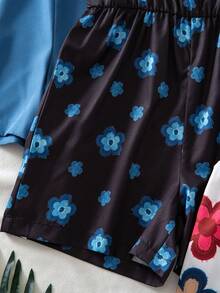 SHEIN Genkimix Kids 3件套少女休闲度假可爱碎花条纹纯色连体衣，适合多子女家庭、海滩度假、户外玩耍、上学等场合。 - 彩色 - 查看 7