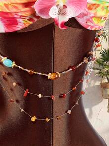 Amplova Boho Floral Halter Top For Women, Summer Holiday Vacation Spaghetti Strap 3D Backless Amber Stone Charming Beach Party - Multicolor - View 7