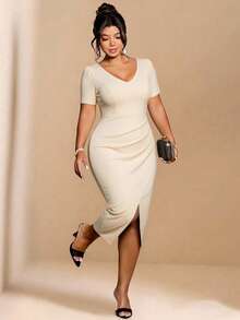DreamSkyne Plus Size Women's Elegant Beige Summer Dress, Vintage V-Neck Short Sleeve Fitted Split Hem Luxury Wedding Dresses,Formal Office Lady Style - Beige - View 1