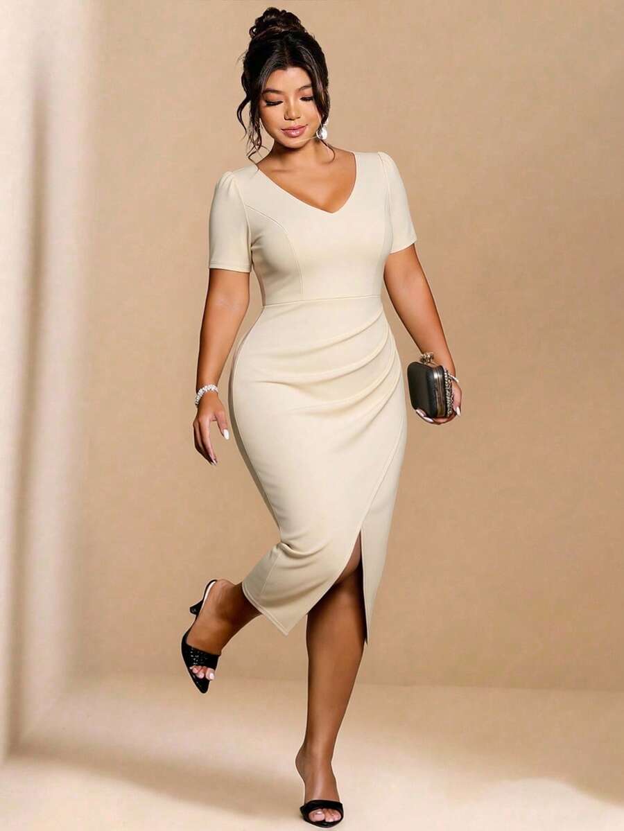 DreamSkyne Plus Size Women's Elegant Beige Summer Dress, Vintage V-Neck Short Sleeve Fitted Split Hem Luxury Wedding Dresses,Formal Office Lady Style - Beige - View 1