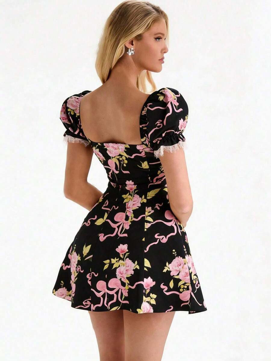 Glamine Vestido de mujer con estampado floral romántico, de manga de pétalo, con estilo sexy y de princesa para una cita - Multicolor - Ver 1
