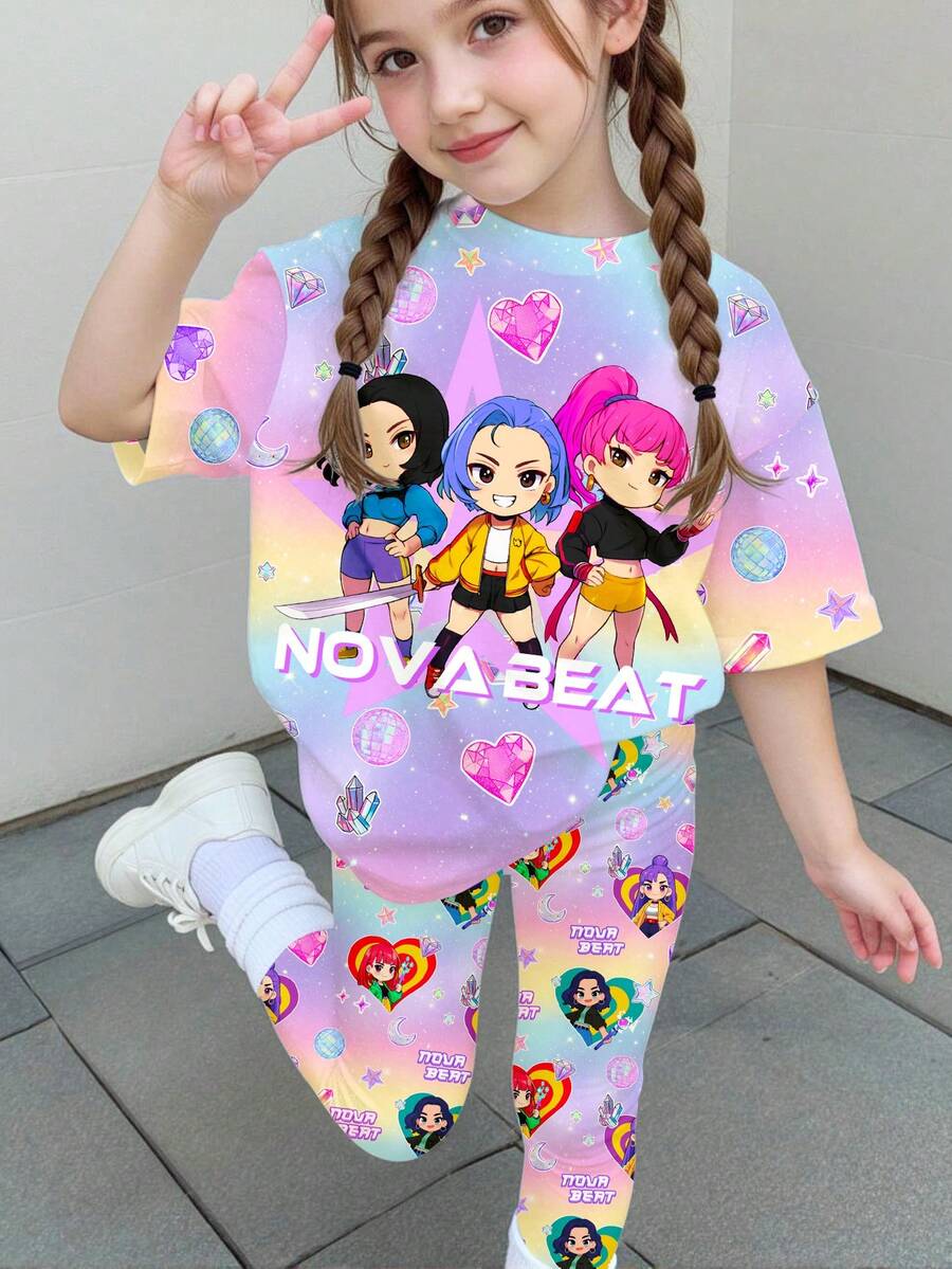 SHEIN 少女字母卡通印花T恤和打底裤休闲日常穿搭 - 彩色 - 查看 1