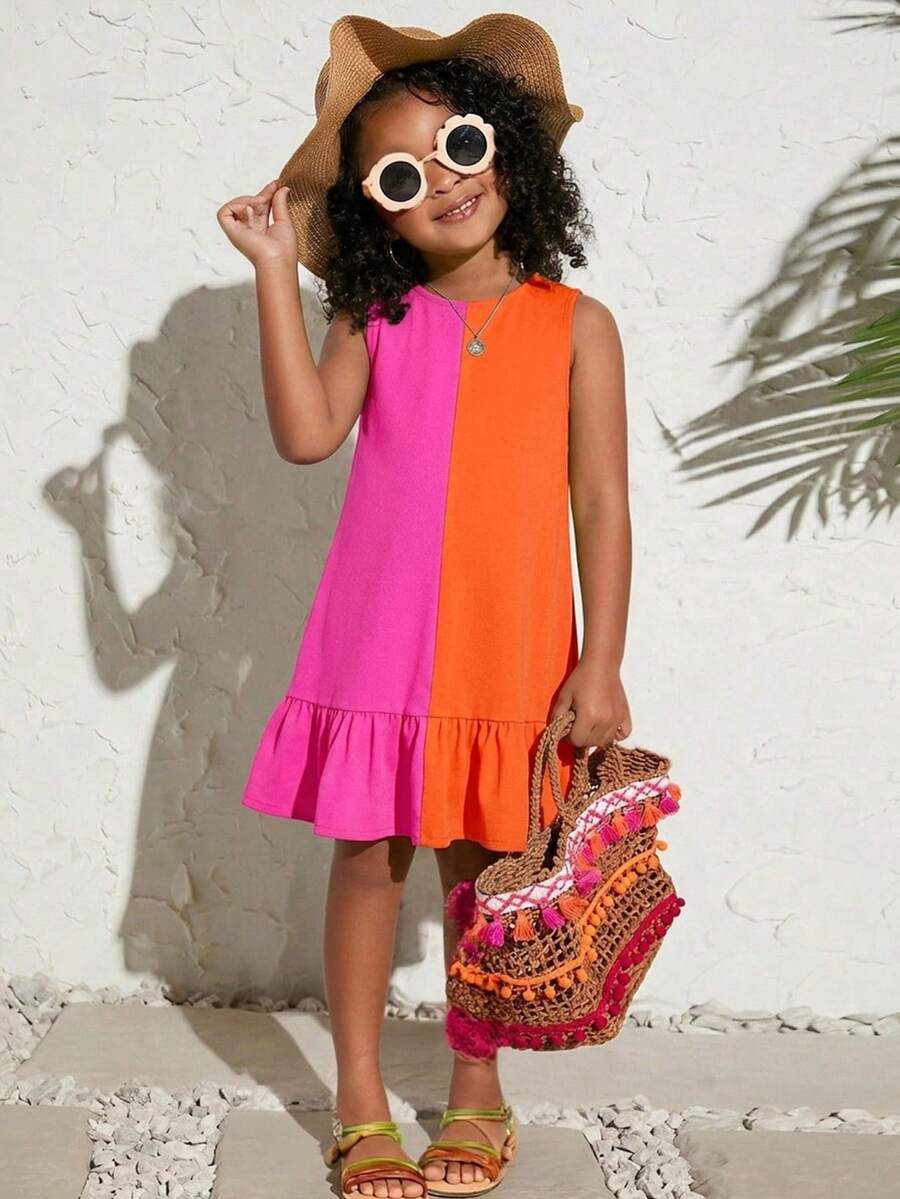 SHEIN Young Girl Casual Cute Colorblock Splice Vacation Dress - Orange - View 1