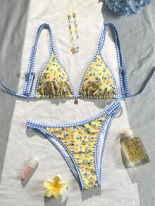 Swim Mod 女士可调节肩带碎花两件式比基尼套装，性感高开衩侧边度假泳衣，多种颜色可选 - 彩色 - 查看 2