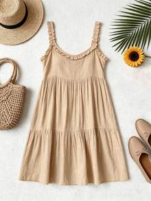 Swim Vcay Váy liền thân buộc dây không tay màu trơn đi biển mùa hè dành cho nữ - Màu Khaki - Xem 8