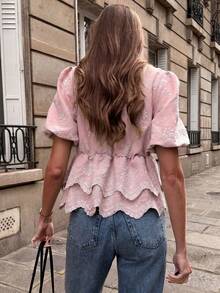 SHEIN PariChic Women's Light Pink Blouse,Summer Elegant Tea Party Short-Sleeve Round Neck Lace Trim,Floral Embroidery,Waist-Cinching Double-Layer Ruffled Hem Top - Baby Pink - View 2