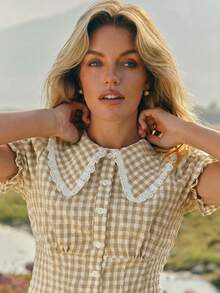 WESTFADE Gingham Ruffle Eyelet Trim Oversized Peter Pan Collar Short Puff Sleeve Button Front Top Spring, Summer, Casual, Cute, Boho, Nashville, Vacation, Beach, Rodeo, Country Concert Outfit, Nashville - Khaki - View 3