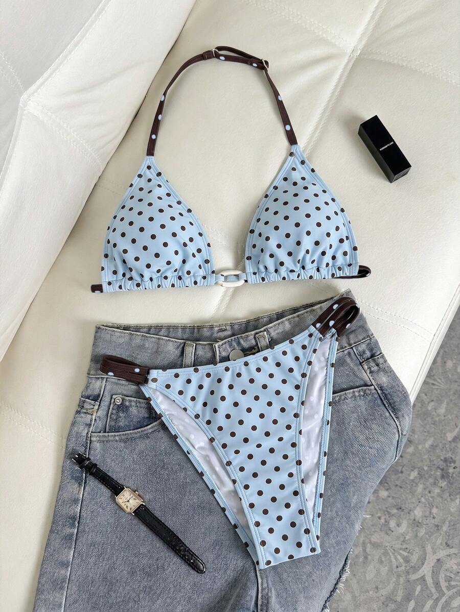 SHEIN 少女波点印花细肩带比基尼套装，休闲时尚假日黑白波点印花细肩带系带泳装，海滩度假，春夏波点比基尼套装 - 彩色 - 查看 1