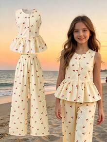 SHEIN Sparklyn Bộ đồ 2 món cho bé gái tuổi teen: áo sơ mi và quần in họa tiết quả anh đào. - Màu vàng - Xem 2