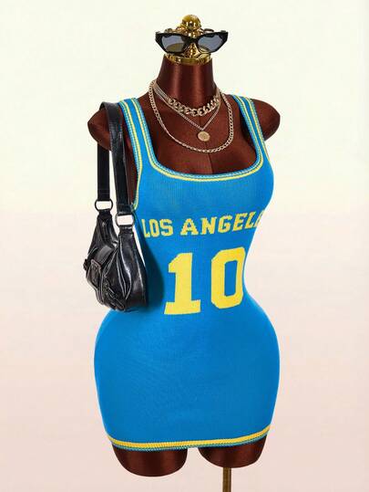 Amplova Contrast Color Number Graphic Mini Bodycon Dress, Crew Neck, Streetwear Style