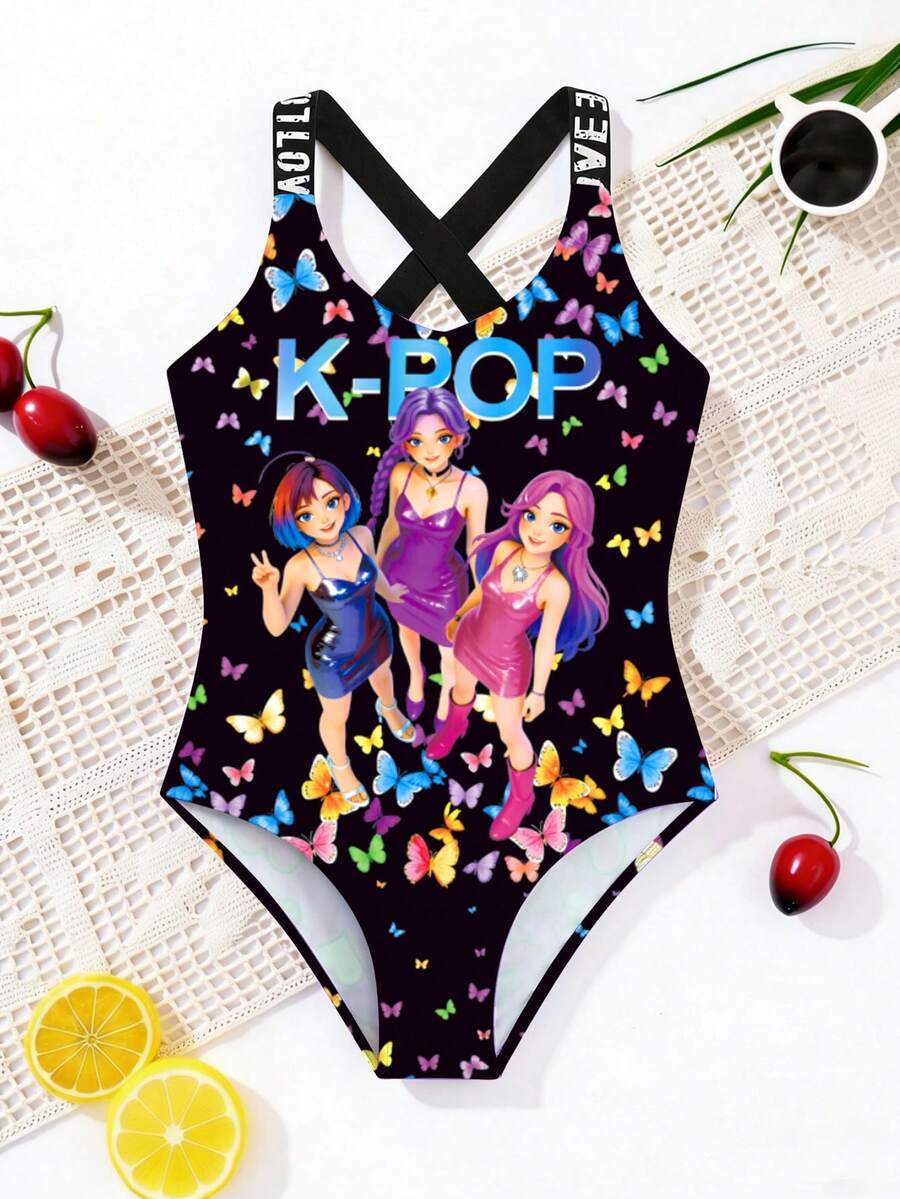 Bộ đồ bơi liền thân thời trang mới cho bé gái, kiểu bikini dây mảnh, in kỹ thuật số với dây đan chéo dễ thương, đồ bơi đi biển cho bé gái. - Nhiều màu - Xem 1
