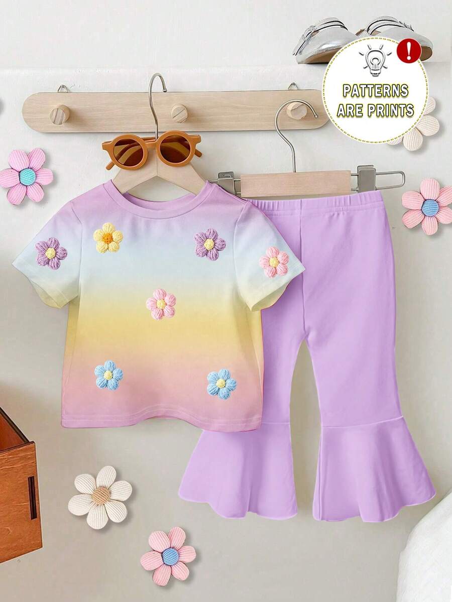 1 Set Baby Girls' Casual Cute Colorful Floral Ombre Print Round Neck Short Sleeve T-Shirt And Purple Bell-Bottom Pants Outfit - Multicolor - View 1