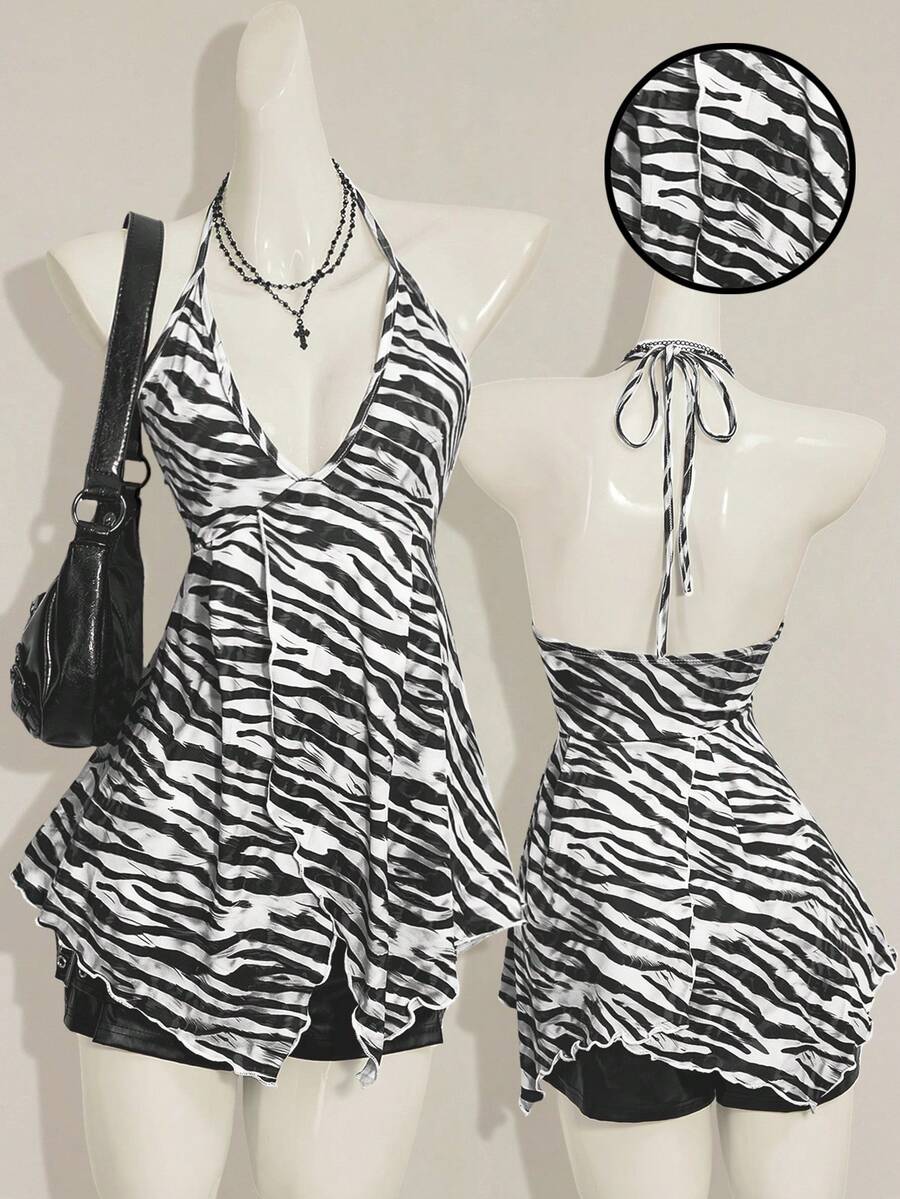 SHEIN ICON Women's Summer Zebra Print Ruffled Hem Sexy Halter Neck Tank Top - Black and White - View 1