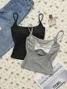 SHEIN Attitoon Bộ đồ hai mảnh cỡ nhỏ, kiểu dáng tối giản, màu đen và xám, áo hai dây có đệm, phù hợp cho mùa xuân/hè, đa năng. - màu đen - Xem 4