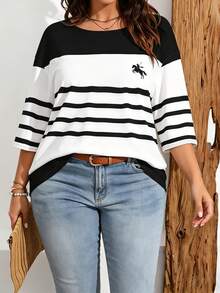 EMERY ROSE Plus Size Women Casual Striped & Equestrian Print Drop Shoulder T-Shirt, Suitable For Summer - Multicolor - View 5