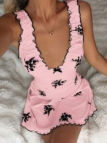 CottageSlumber Women's Floral Print V-Neck Ruffle Trim Bow Decor Nightgown - Pink - View 4