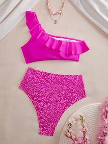 Swim Mod Summer Beach Women Vacation One Shoulder Ruffle Bikini Set With Random Pattern - Multicolor - View 3