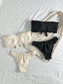 Swim Mod Women's Summer Beach Beach Party Solid Color Ruched Bikini And Triangle Panty Swimwear Set Holiday Black White Cute Modest Cute - Multicolor - View 2