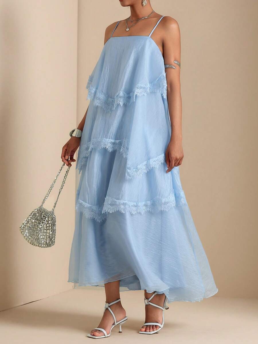 Vesra 女士优雅纯色蕾丝边吊带连衣裙,夏季 - 藍色 - 查看 1