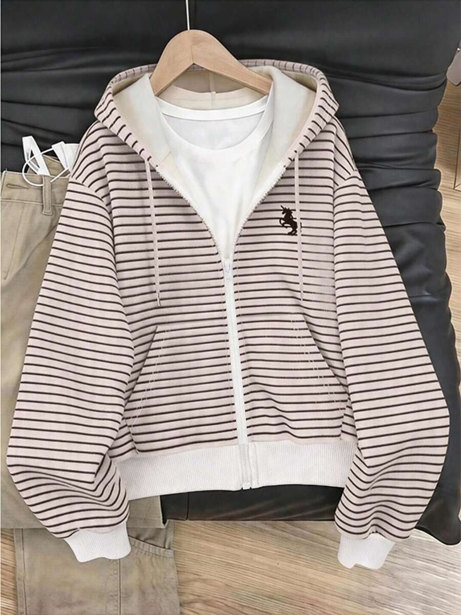Resyla Women's Classic Striped Print Sweatshirt Sweatshirt, Elegant Horse Print Pattern Design, Loose Fit Casual Jacket, Suitable For School, Office, Comfortable Wear, Autumn - Multicolor - View 1