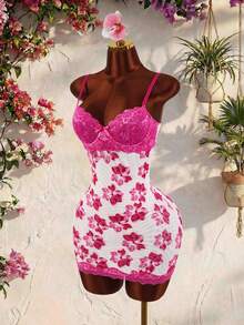 Amplova Lace Cup Detail Tropical Floral Mesh Bodycon Mini Dress - Pink - View 3