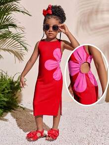 Đầm chữ A cổ tròn khoét eo màu hồng cánh sen nhiệt đới cho bé gái - Màu Hồng Tươi - Xem 6