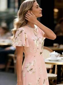 EMERY ROSE Đầm thanh lịch màu xanh dương bằng vải chiffon in hoa, tay bồng, dành cho nữ. - Hồng - Xem 6