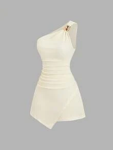 SHEIN Sweetro Đầm công sở thanh lịch, đa năng, kiểu dáng Y2K, gợi cảm, bất đối xứng, chất liệu vải có họa tiết, xếp ly, cài cúc. - Màu be - Xem 1