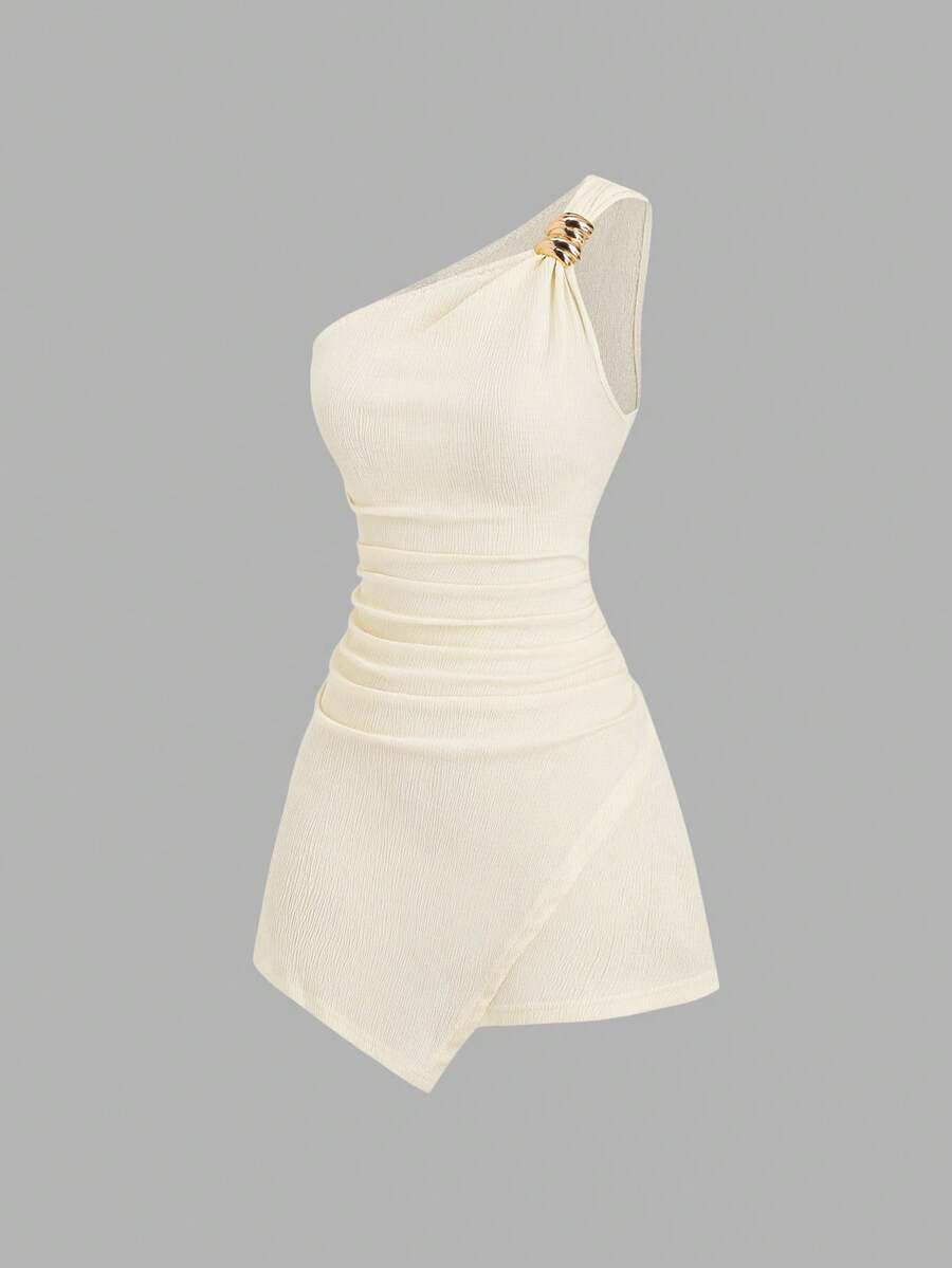 SHEIN Sweetro Đầm công sở thanh lịch, đa năng, kiểu dáng Y2K, gợi cảm, bất đối xứng, chất liệu vải có họa tiết, xếp ly, cài cúc. - Màu be - Xem 1