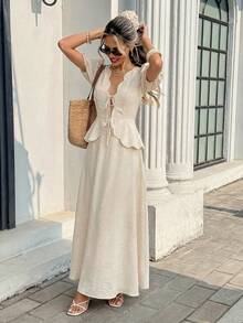 SHEIN Frenchy 优雅休闲通勤花瓣袖连衣裙 - 杏色 - 查看 1