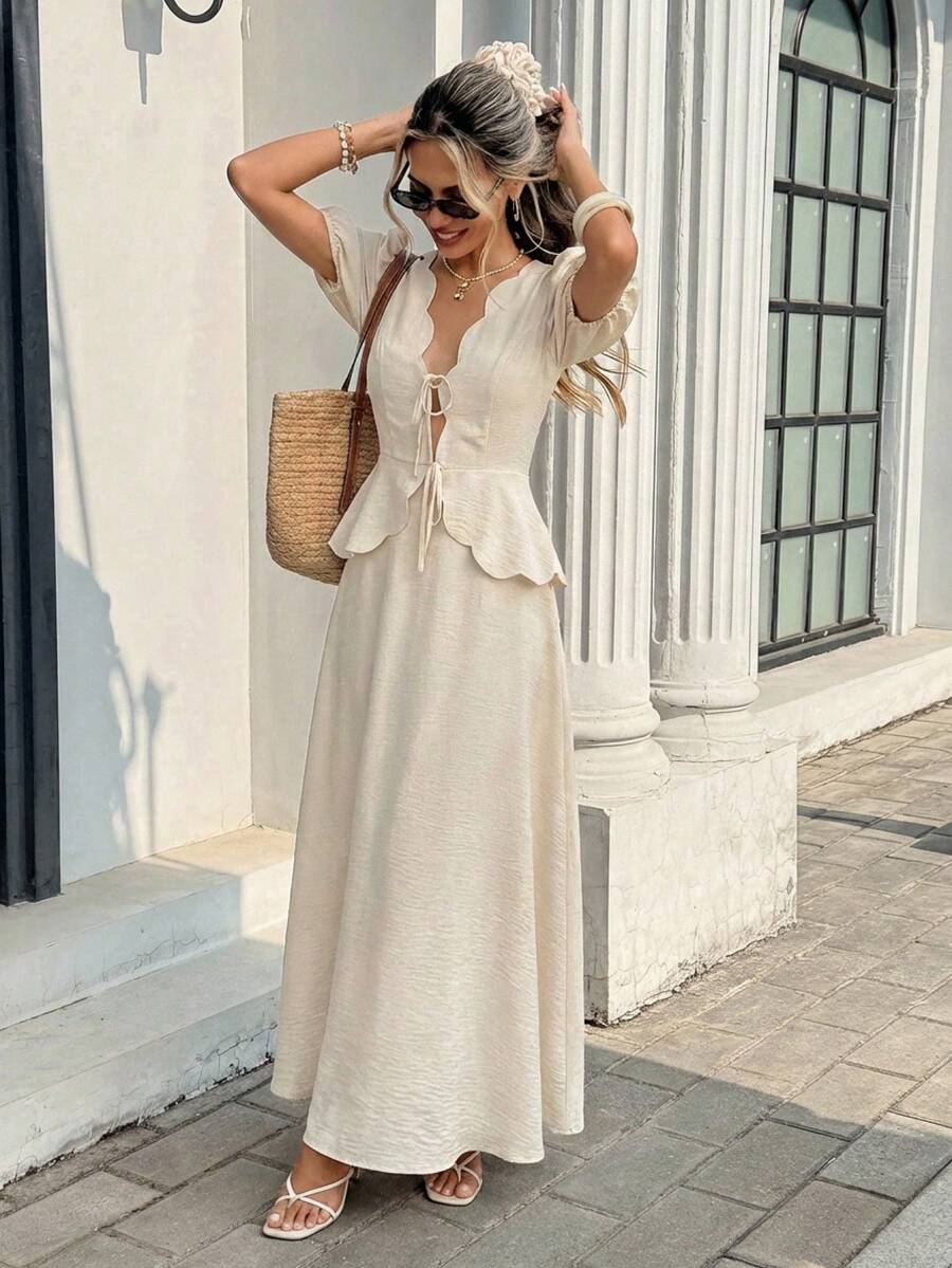 SHEIN Frenchy 优雅休闲通勤花瓣袖连衣裙 - 杏色 - 查看 1