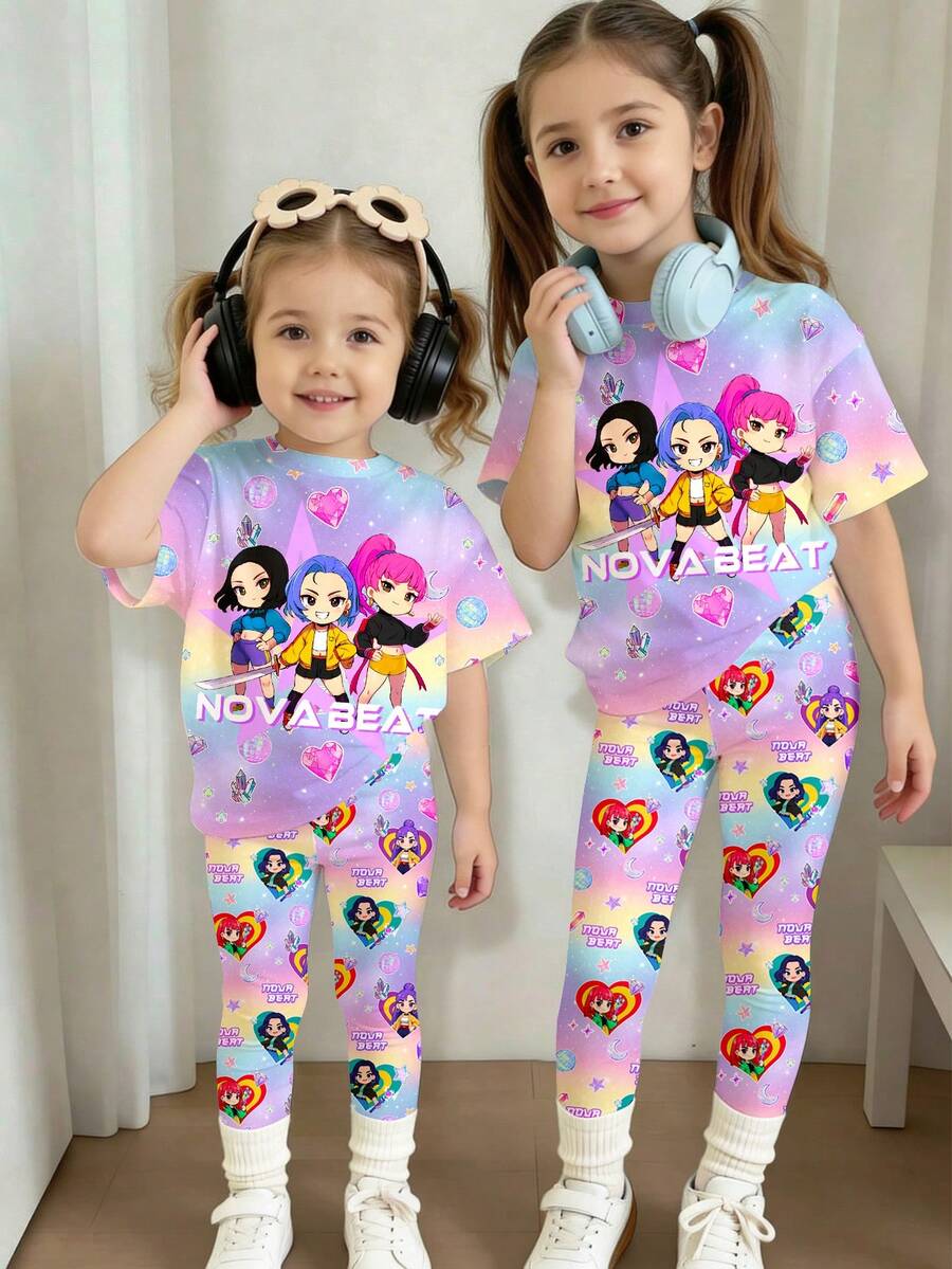 SHEIN 少女字母卡通印花T恤和打底裤休闲日常穿搭 - 彩色 - 查看 1